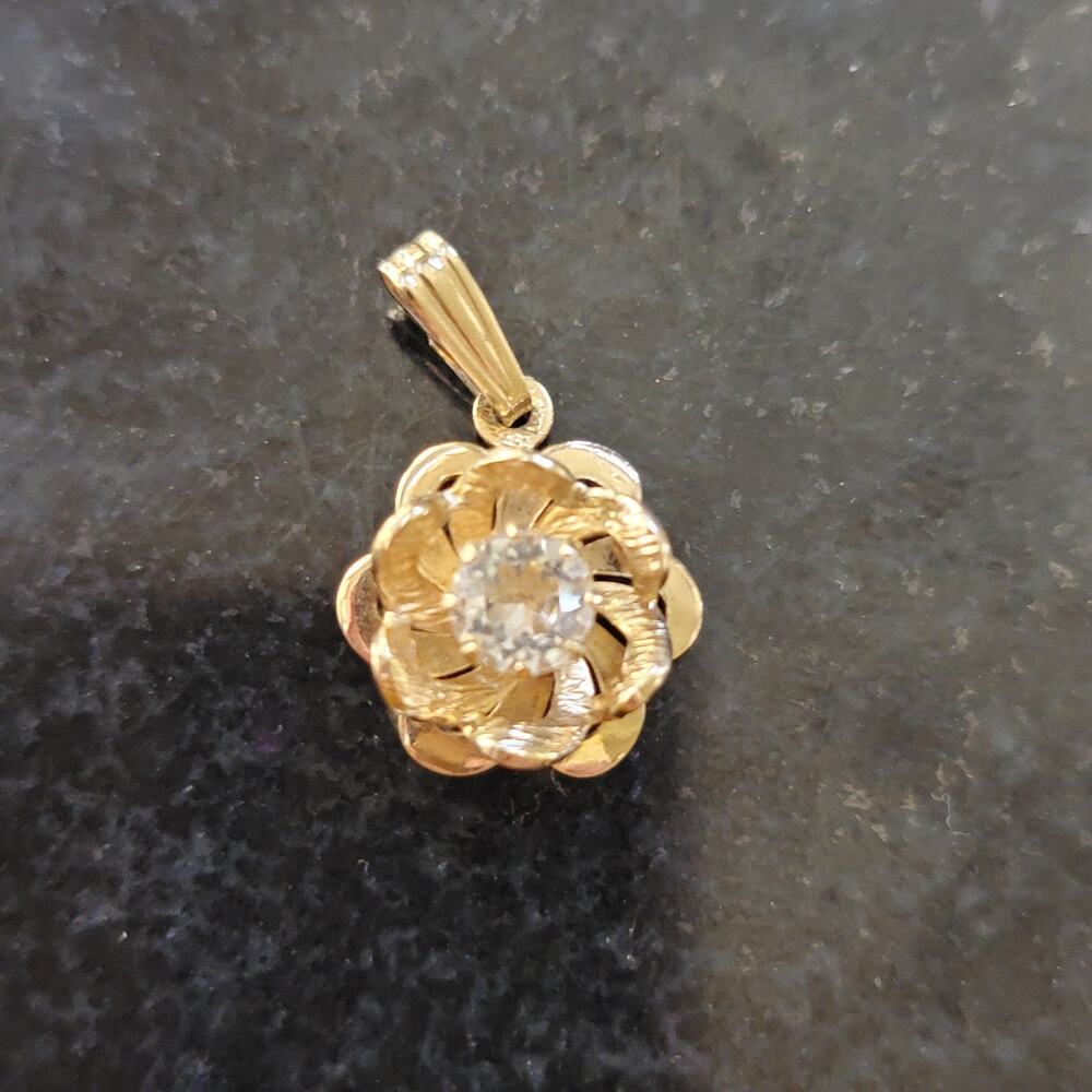 Vintage Gold Tone Flower Pendant Clear Round Stone Textured Petals Charm Drop